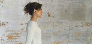 'Cristina', Rodrigo Zaparain Hernandez ( Óleo y pan de plata sobre tabla, 83 x 40 cm )